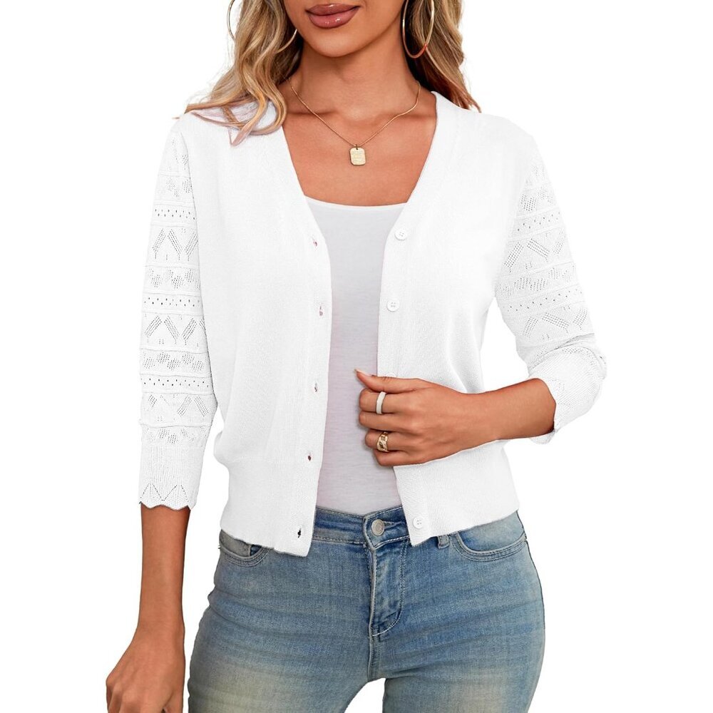 Women's Cropped Cardigan V-Neck Button 3/4 Sleeve Sweater For Casual Wear